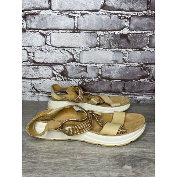 Fantasy Sandals Tan Nubuck Fabric Cross Strap Wedge Flex Sole Women’s 39EU/8.5US - Picture 3 of 16